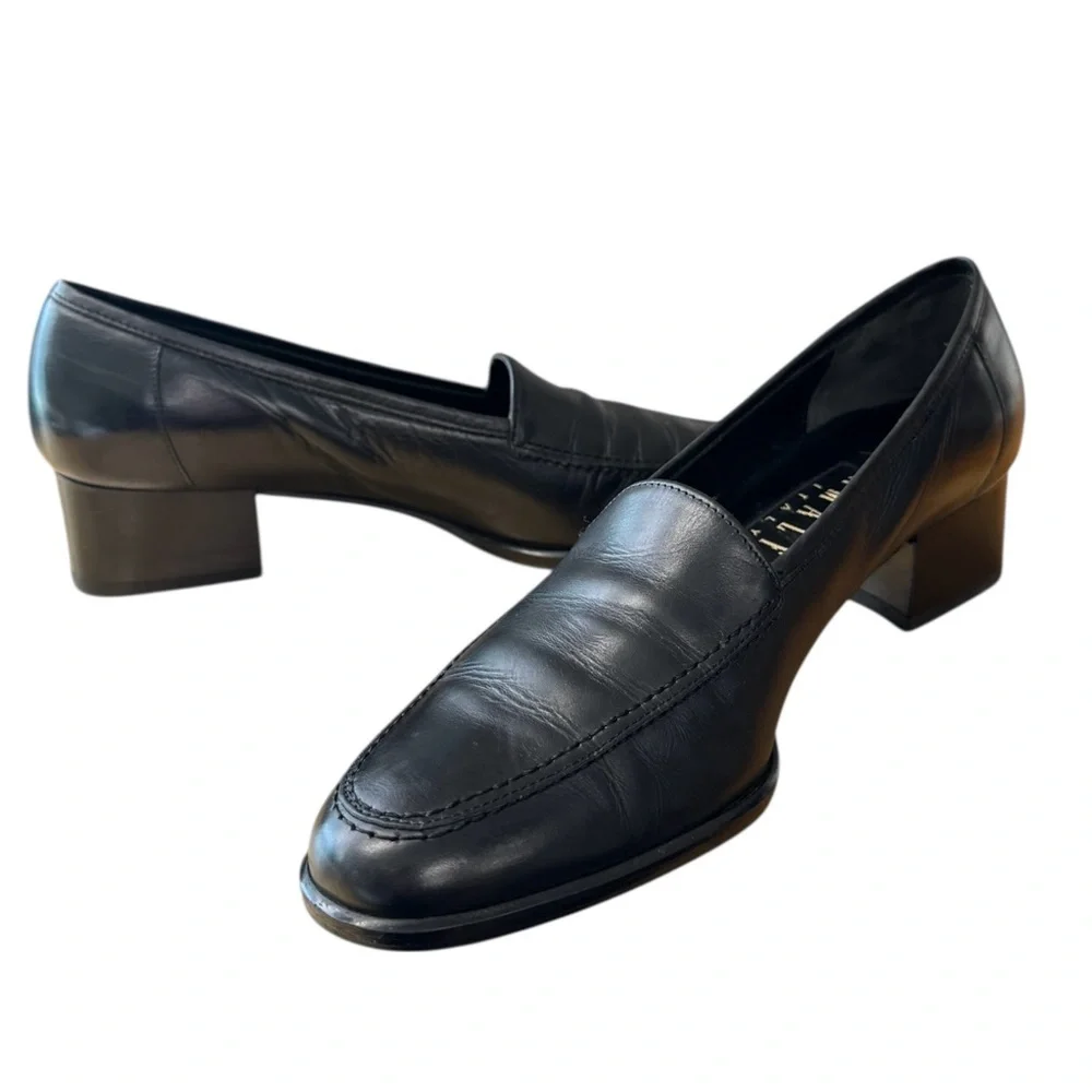 Amalfi by Rangoni Black Italian Leather Heeled Loafer Pumps Size 7.5 AAA Narrow